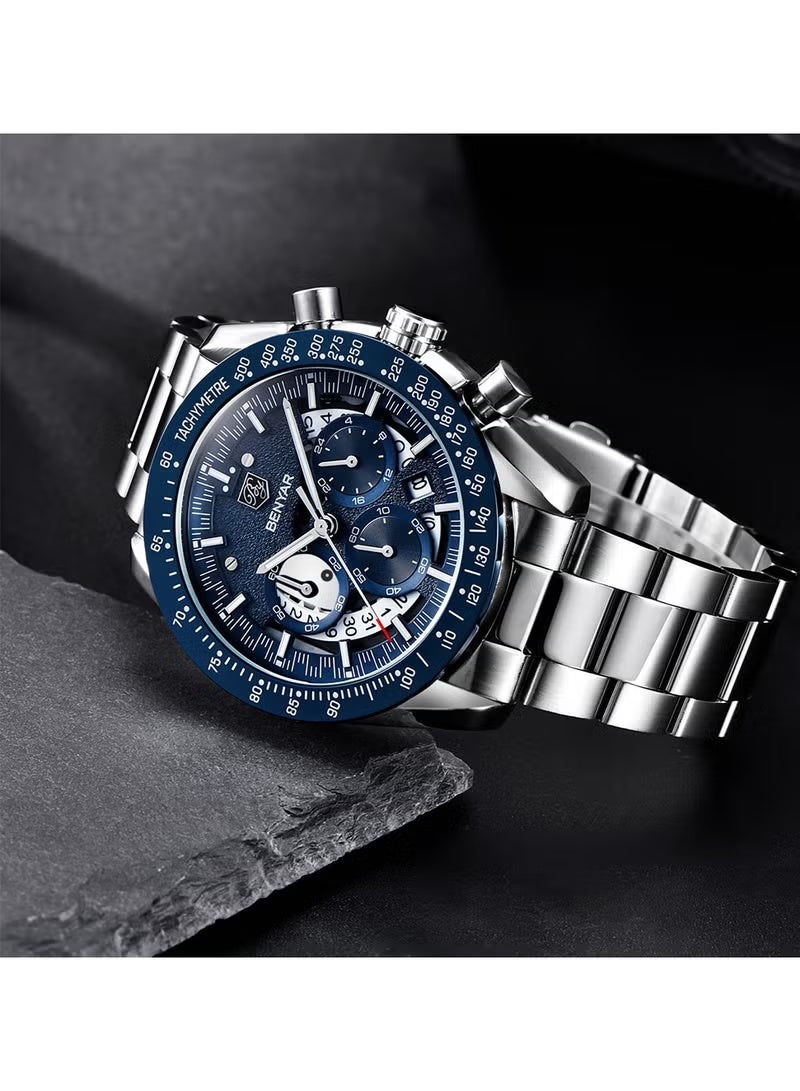 BENYAR Watches for Men Watch Quartz Luxury Stainless Steel Water Resistant Chronograph Watch 5120 Silver - Image 3